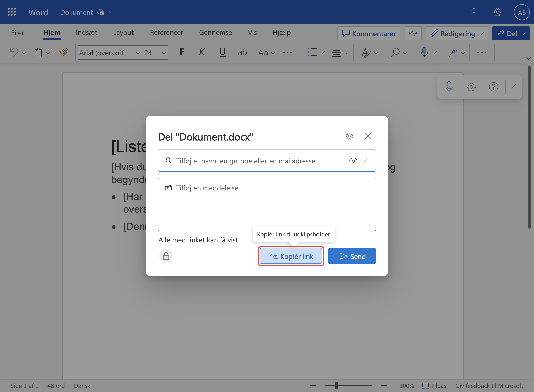 Document sharing popup in Microsoft Word with 'Copy link' button focused.