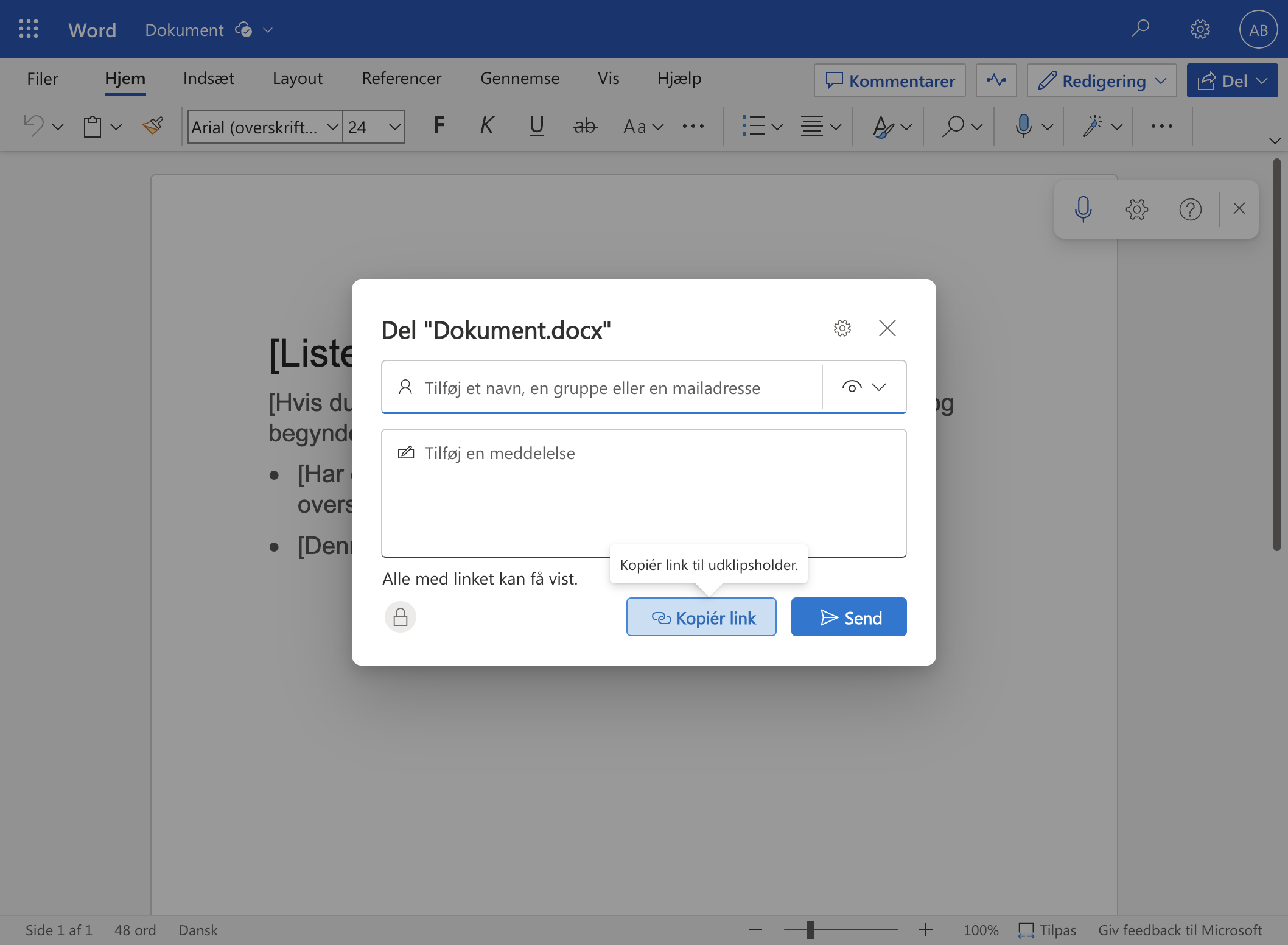 Document sharing popup in Microsoft Word with 'Copy link' button focused.