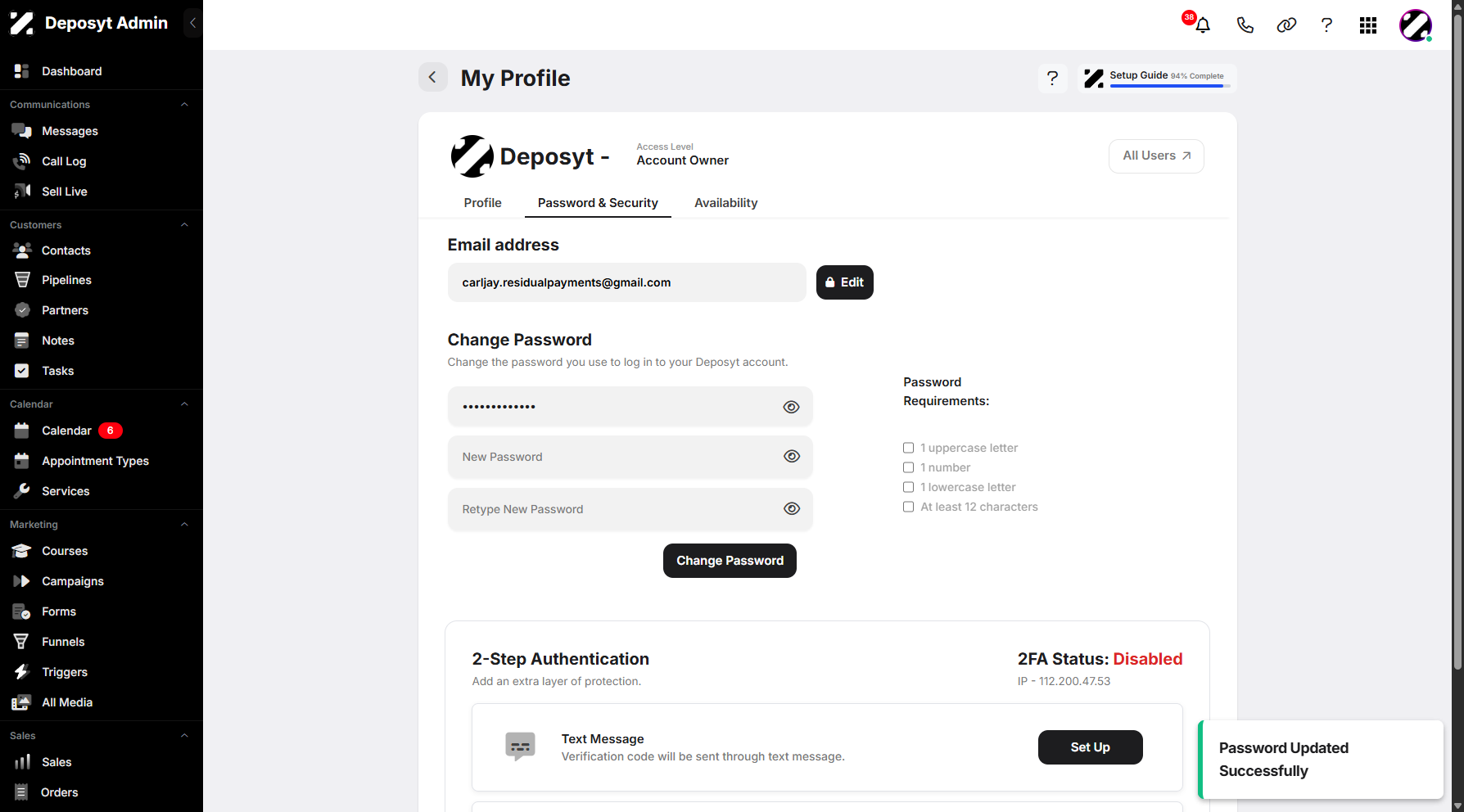 Step 12: A pop-up notification will appear, confirming that your password has been updated successfully.