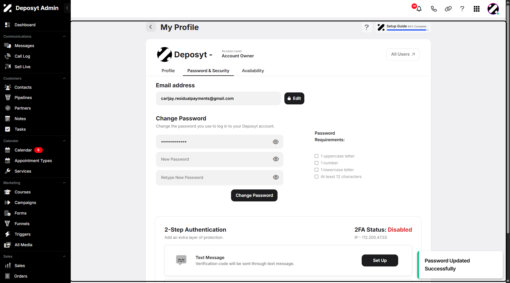 Step 12: A pop-up notification will appear, confirming that your password has been updated successfully.
