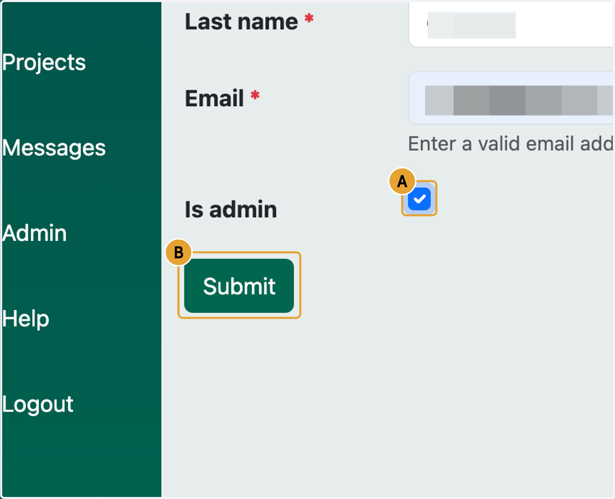 A. Select Is admin B. Click on Submit