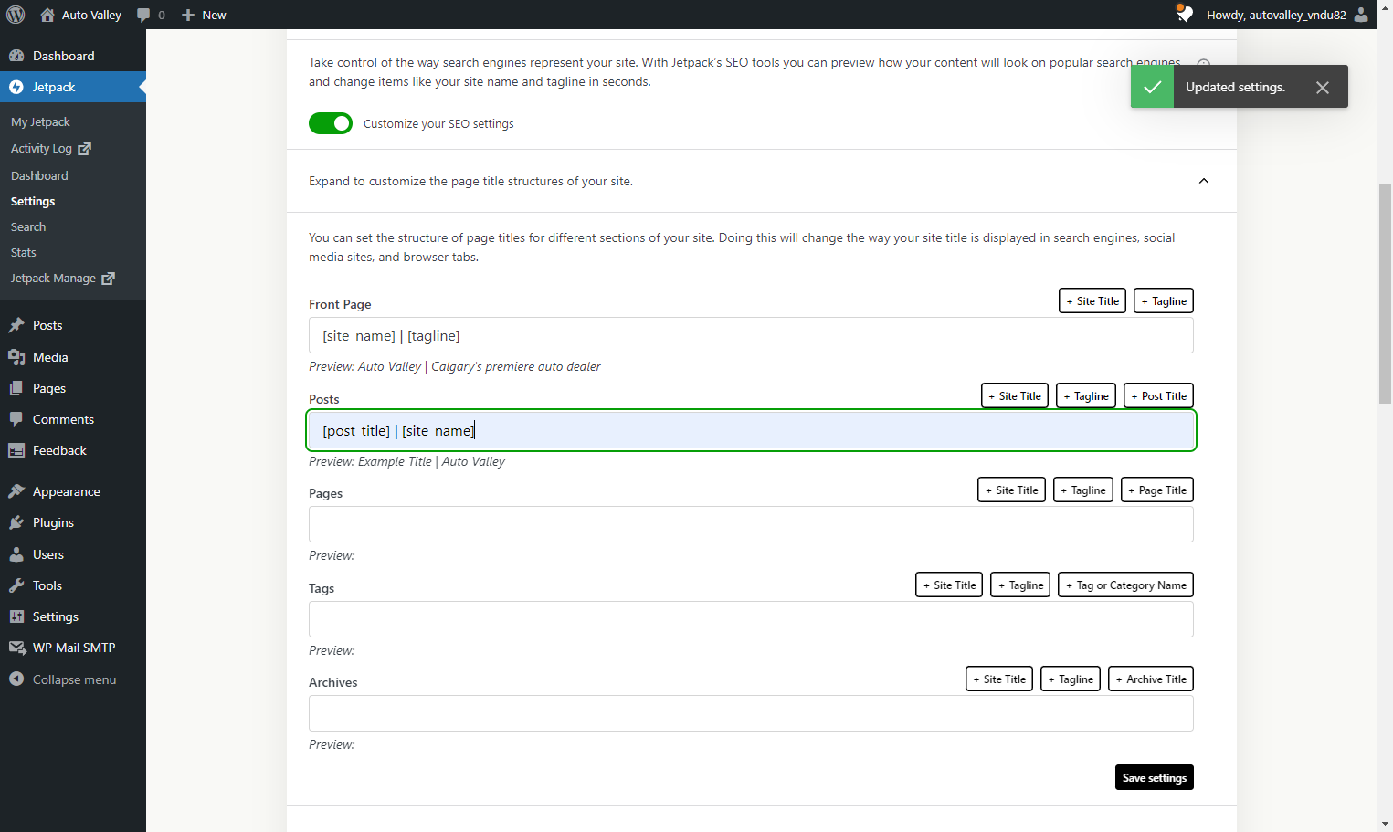 For the Posts option type "[post_title] | [site_name]"