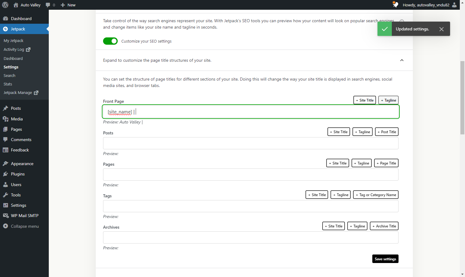 For the Front Page option type "[site_name] | [tagline]"