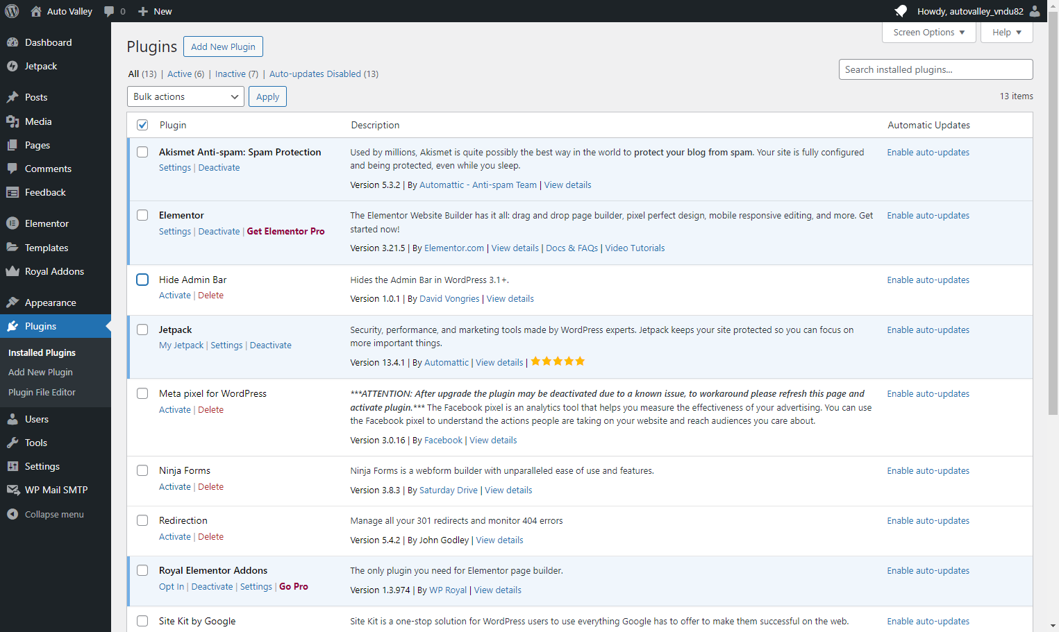 Locate the Ninja Forms Plugin and click on Activate