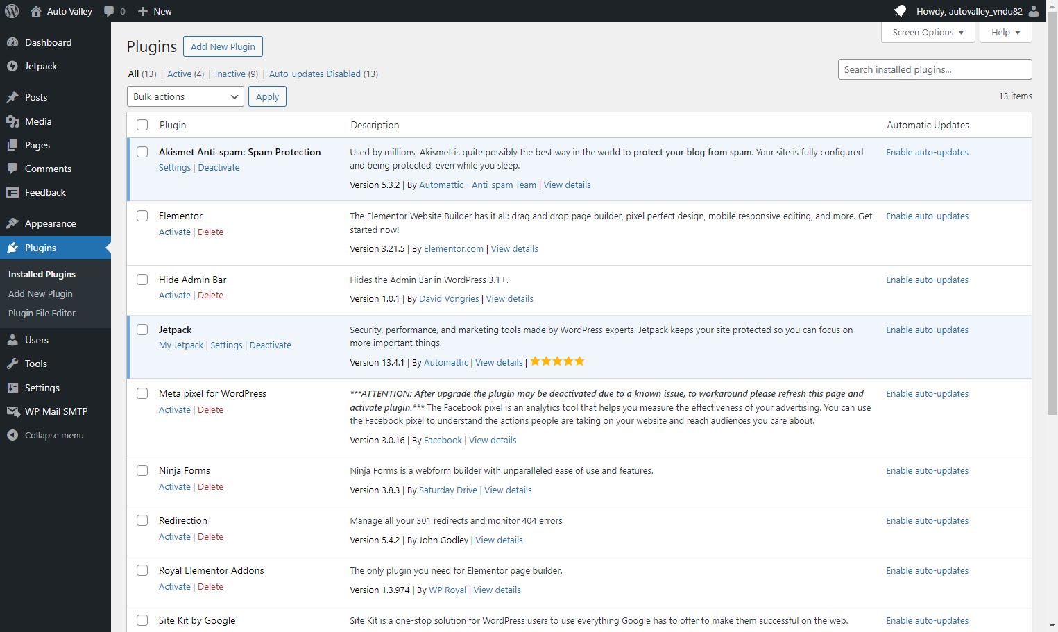 Locate the Elementor Plugin and click on Activate