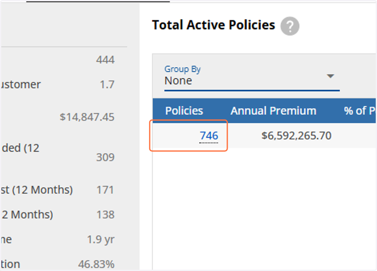 Click on the total number under "Policies" to open the full report.