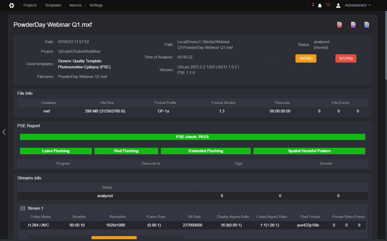 File info will show technical information (containers, size, start TC, etc) and events at file level