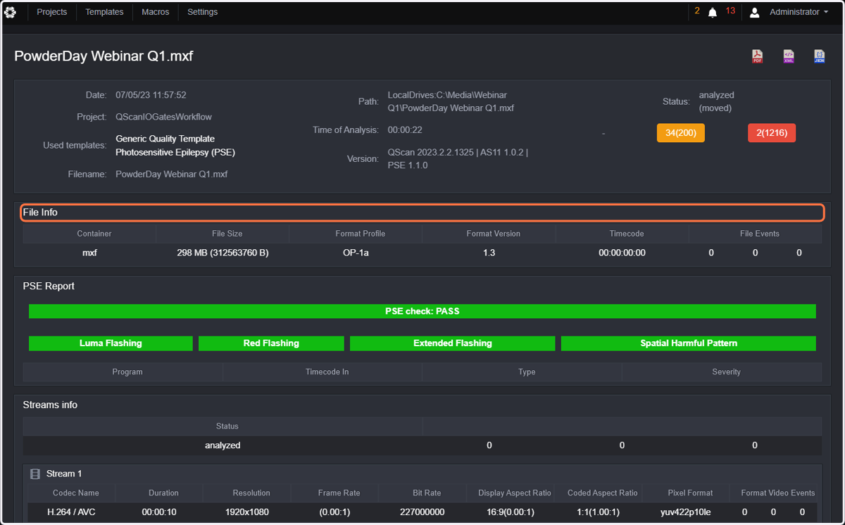 File info will show technical information (containers, size, start TC, etc) and events at file level