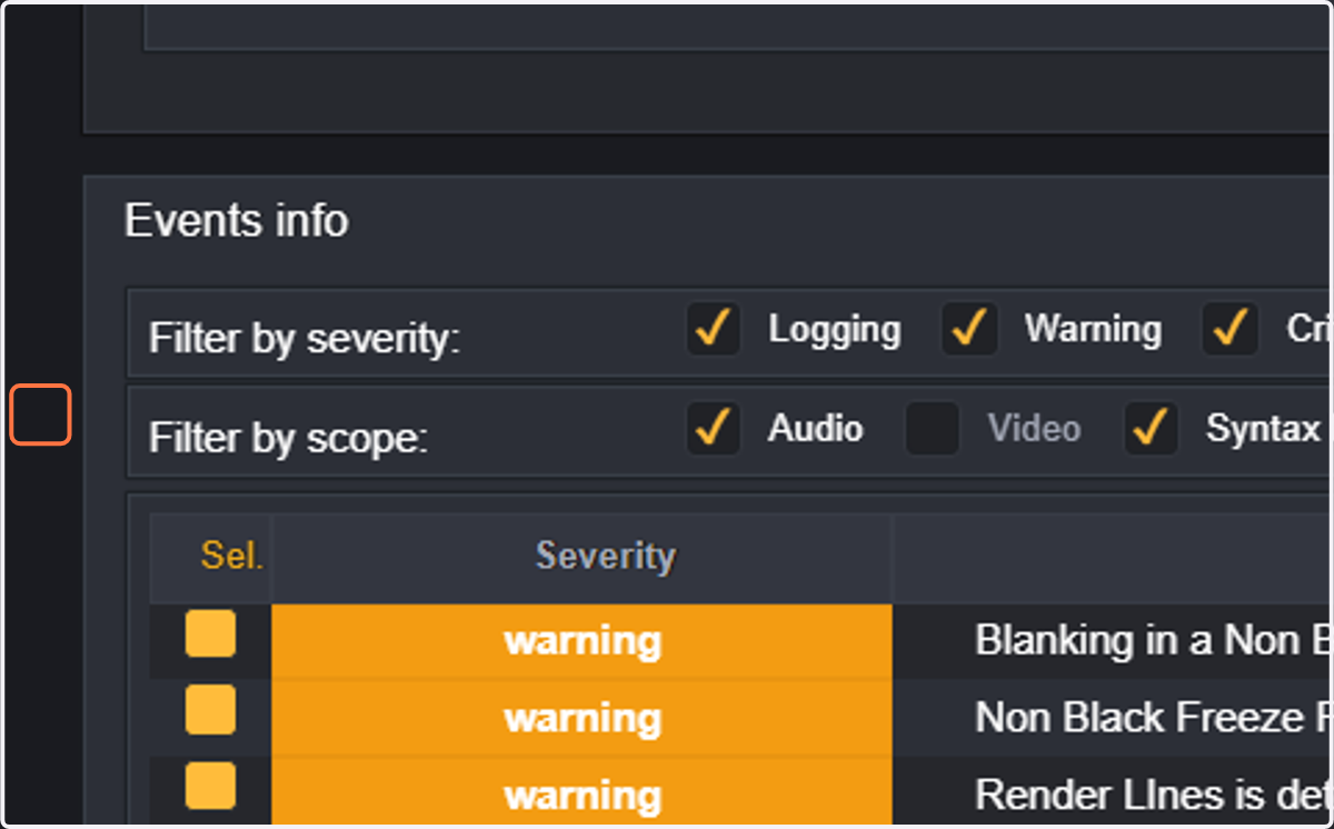 Next, we will sort events by scope (video, audio, or syntax errors). So now uncheck video