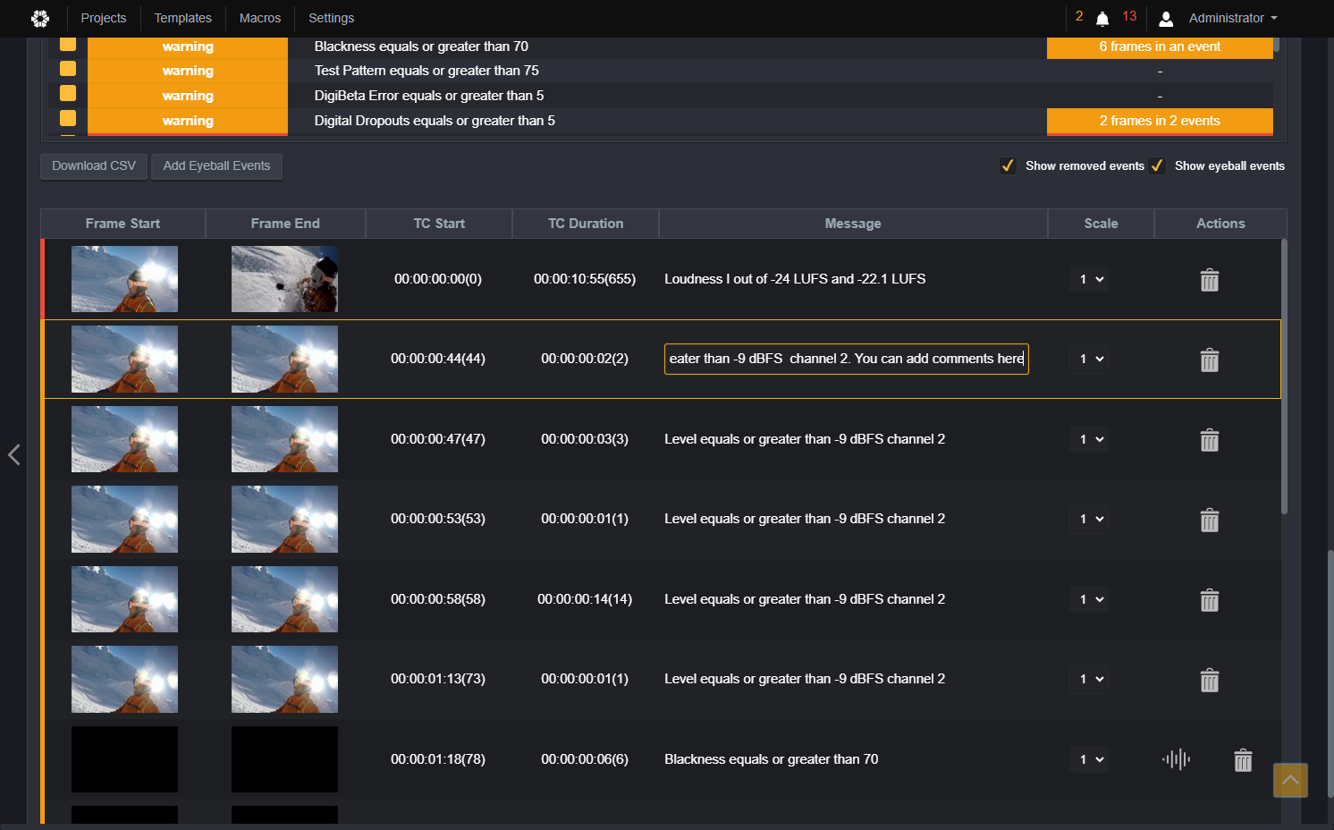 You can add comments here to any of the events that will later be displayed in the PDF report. Just type your comments in the "message" field of the event.