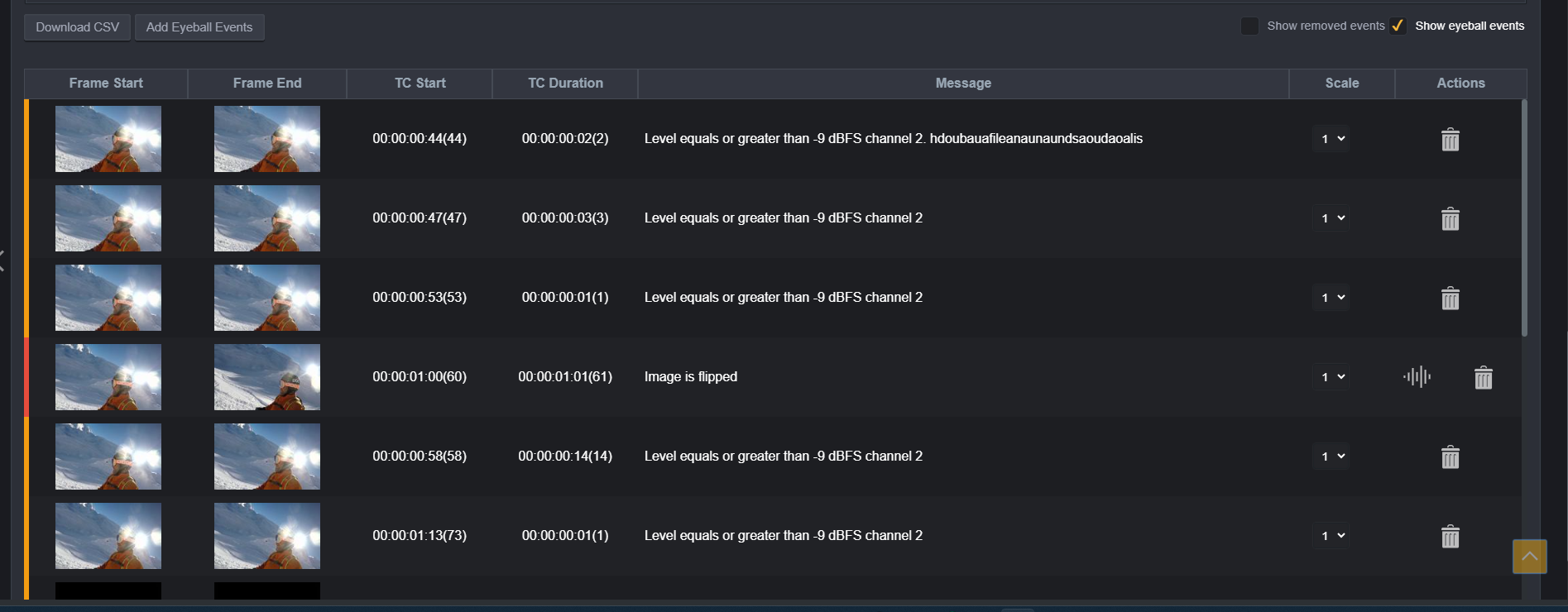 Scroll down, and you will see the complete list of events. Showing the start TC of the event, the duration, the description (message) and the scale. You can also see the thumbnails for the start frame of the event and the end frame of the event.