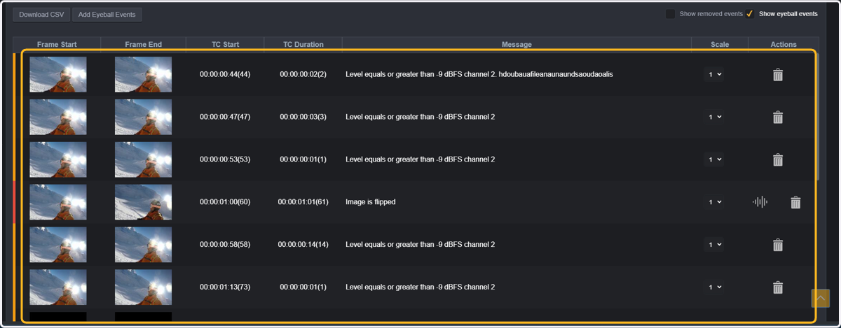 Scroll down, and you will see the complete list of events. Showing the start TC of the event, the duration, the description (message) and the scale. You can also see the thumbnails for the start frame of the event and the end frame of the event.