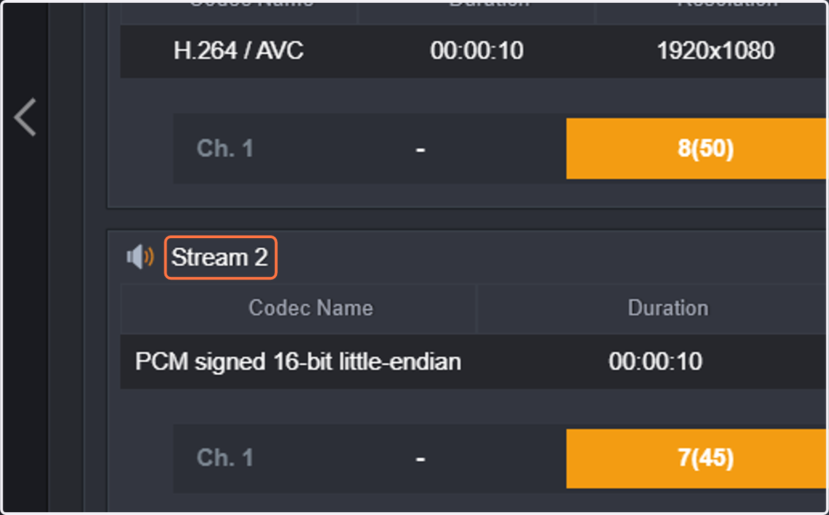 The following streams will display format information about the audio streams and audio format check events if any