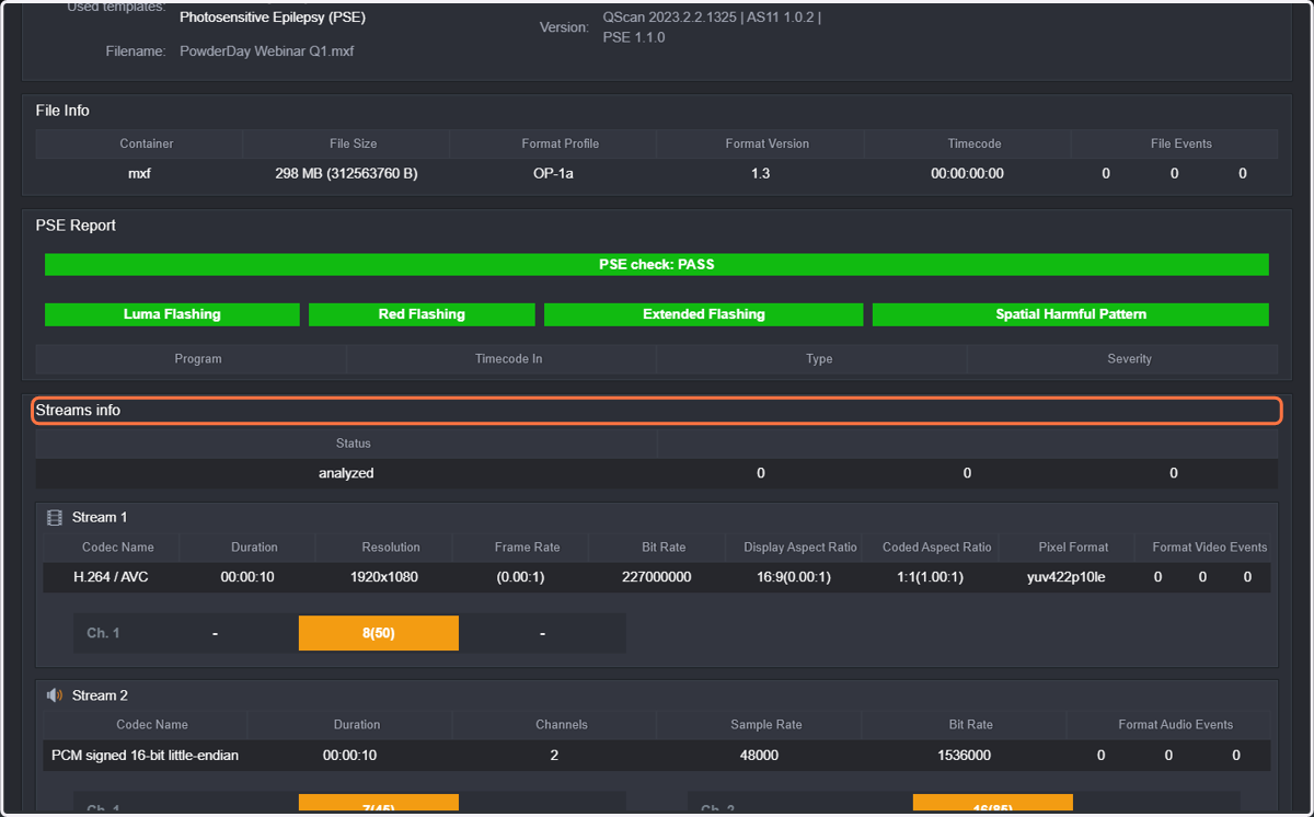 The streams information will display some parameter information and events for the different video or audio streams