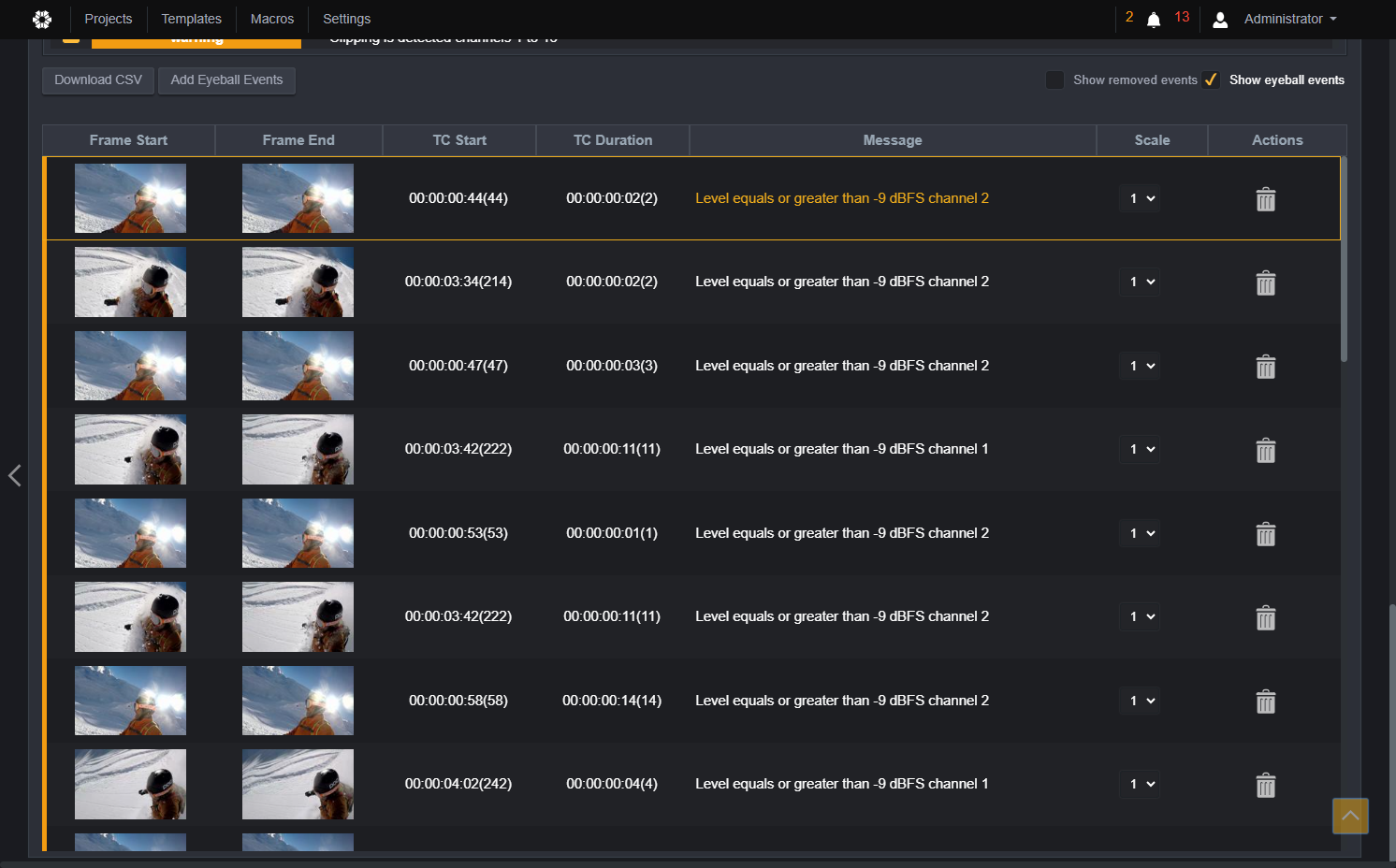 Only audio events are displayed in the event list