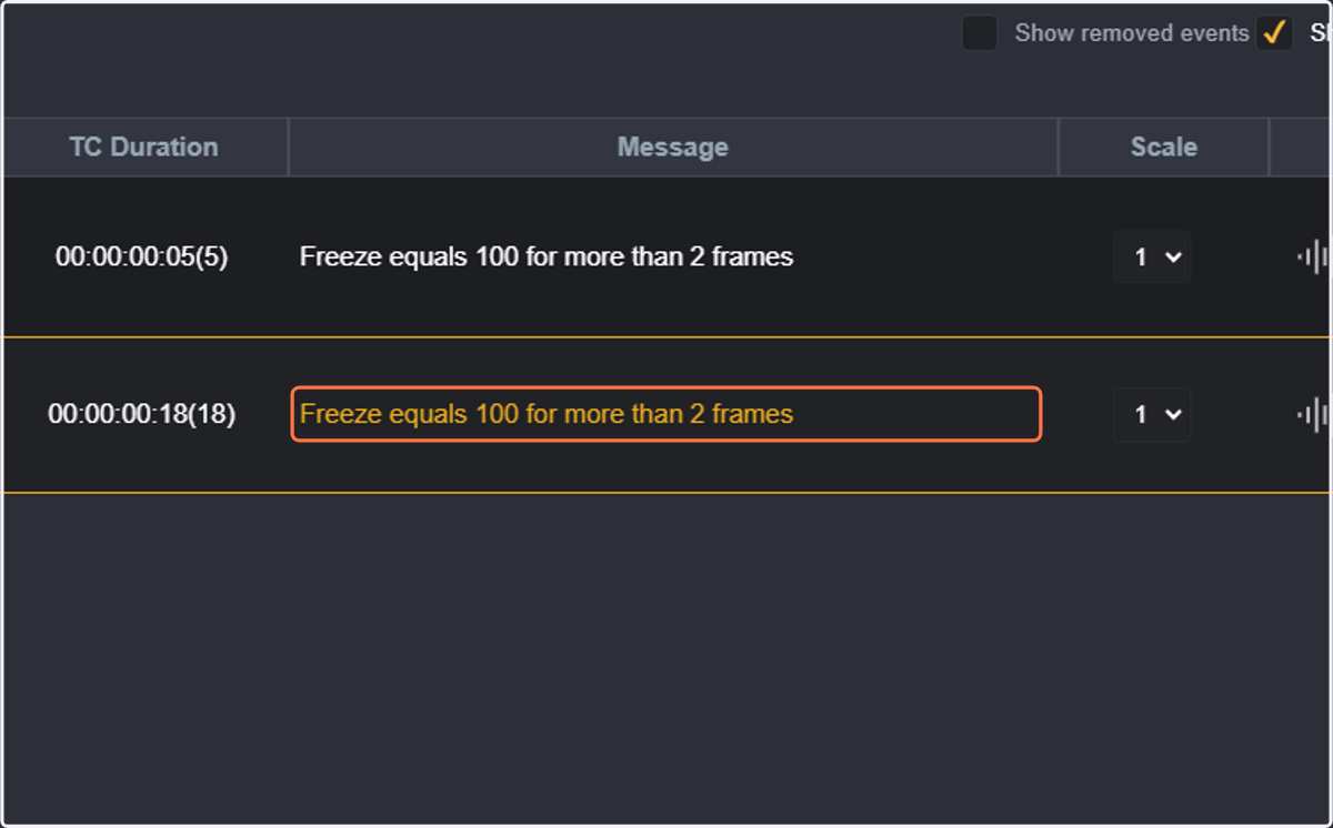 Only freeze events are displayed in the event list