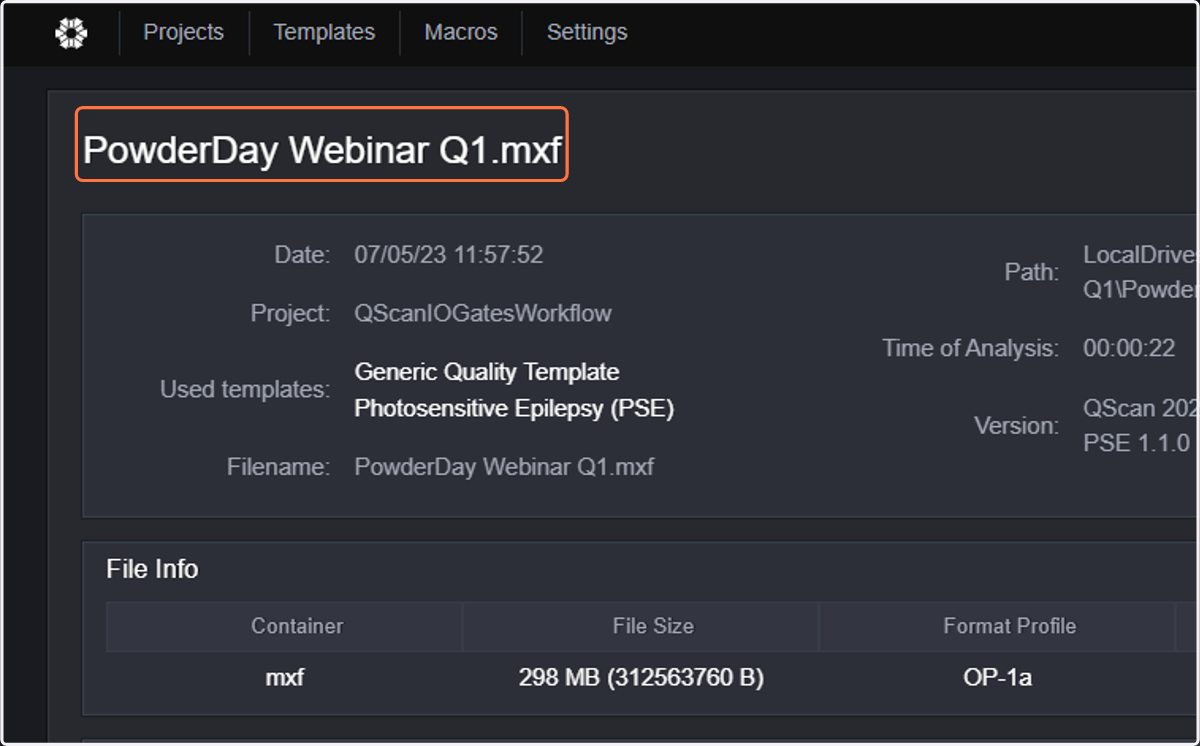 The HTML report will open, showing an overview of the QC job at the top: date, project, templates used in the project, filename, path, time invested in the analysis, and version information.
