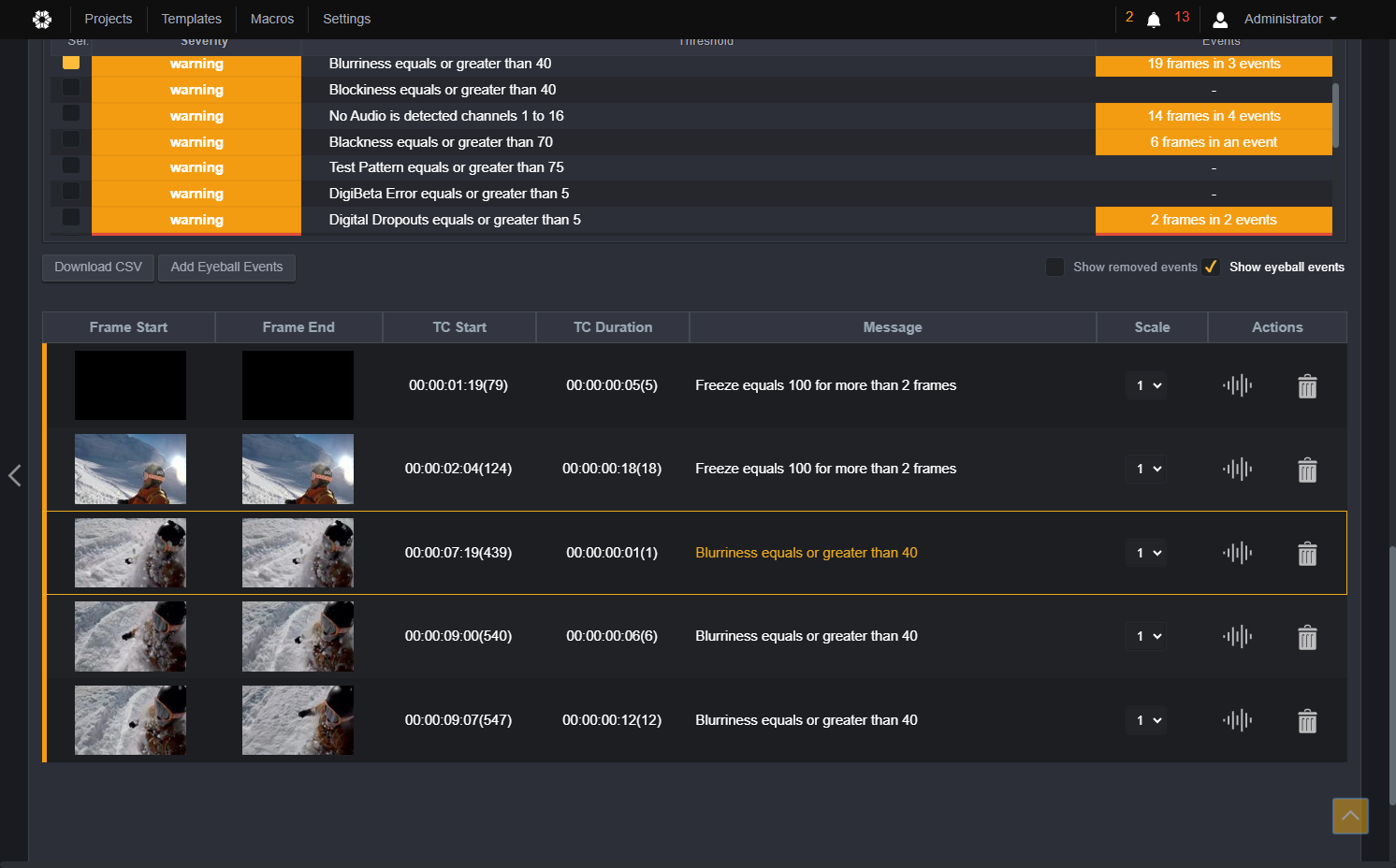 Both freeze and blurriness events are displayed