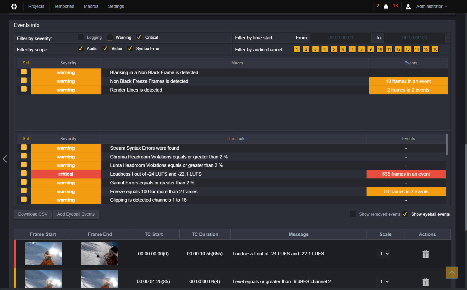 QScan allows sorting events with the purpose of ease of the reviewing process. Let's start by sorting by severity level. So uncheck logging and warning