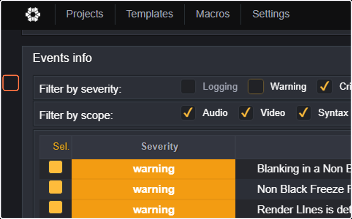 QScan allows sorting events with the purpose of ease of the reviewing process. Let's start by sorting by severity level. So uncheck logging and warning