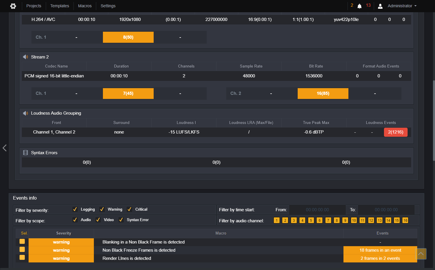 Loudness Audio Grouping provides information about the configured audio groups for loudness measurements, along with measurements for Loudness I, Loudness LRA and Max True Peak