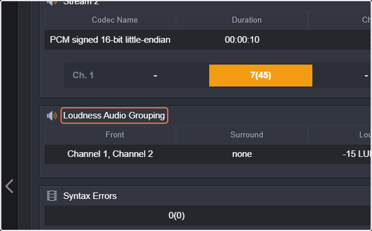 Loudness Audio Grouping provides information about the configured audio groups for loudness measurements, along with measurements for Loudness I, Loudness LRA and Max True Peak