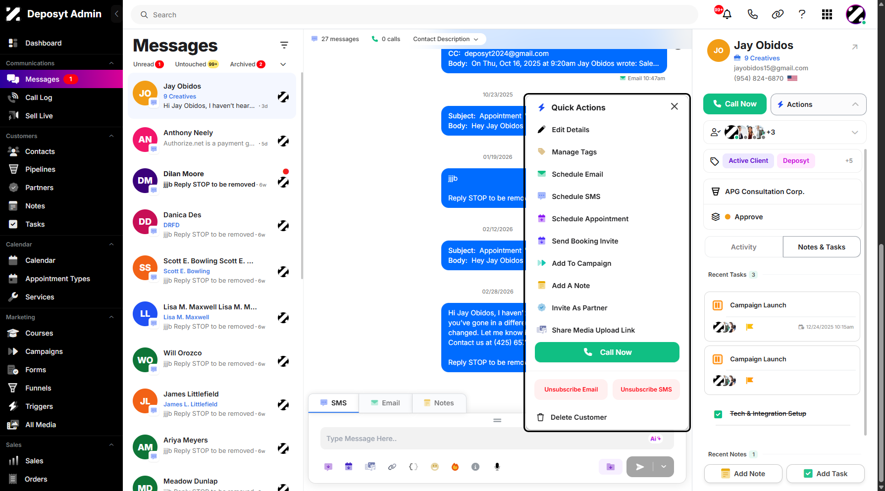Step 5: A pop-up window will appear. From here, you can open the customer modal, manage tags, and schedule emails, SMS, and appointments.