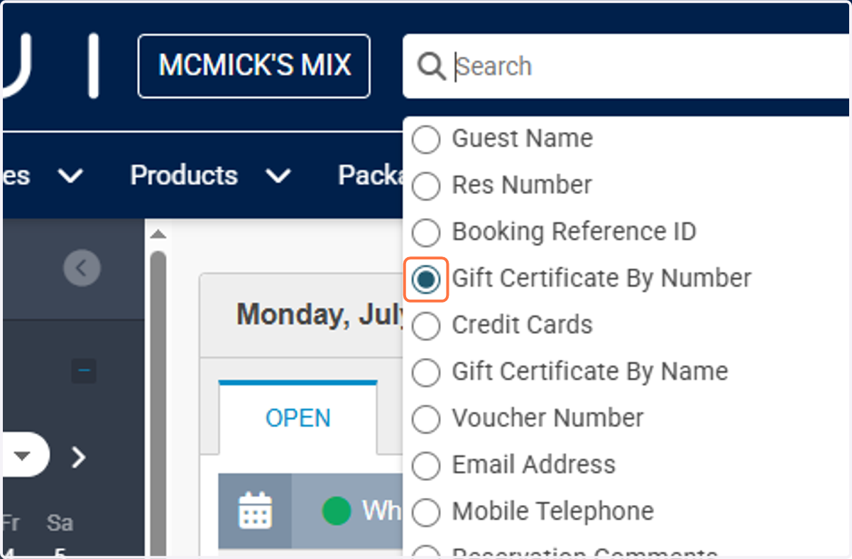 Click on the search bar and sleect "Gift Certificate by number"