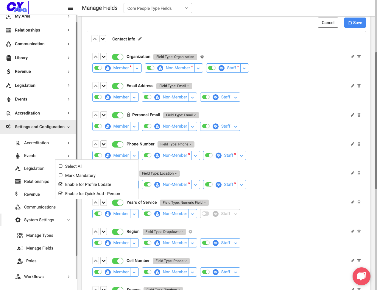 A drop down will pop out, giving you the various options you can choose from for that specific person type