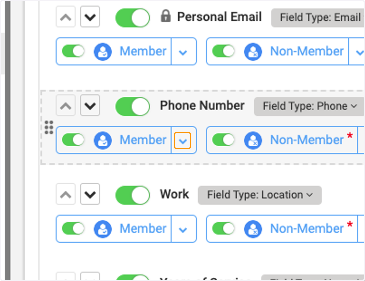 Find a field you would like to edit, and the person type you would like to edit it for and click the down arrow to the right
