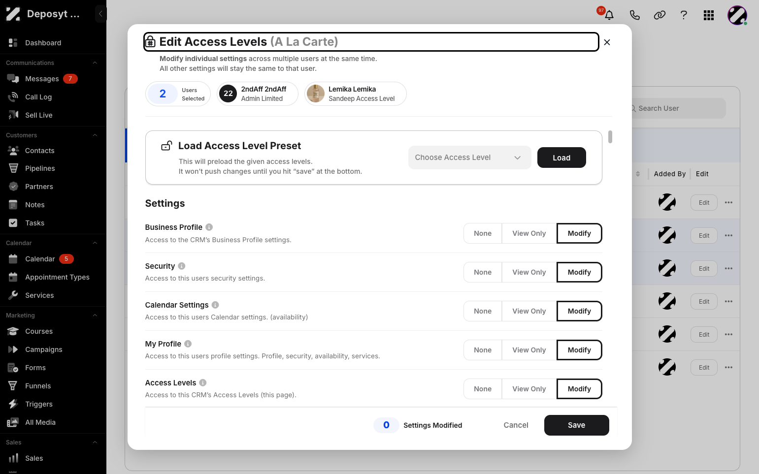 Step 7: A pop-up will appear where you can specifically alter each setting to None, View Only, or Modify. Click Save when you are done.