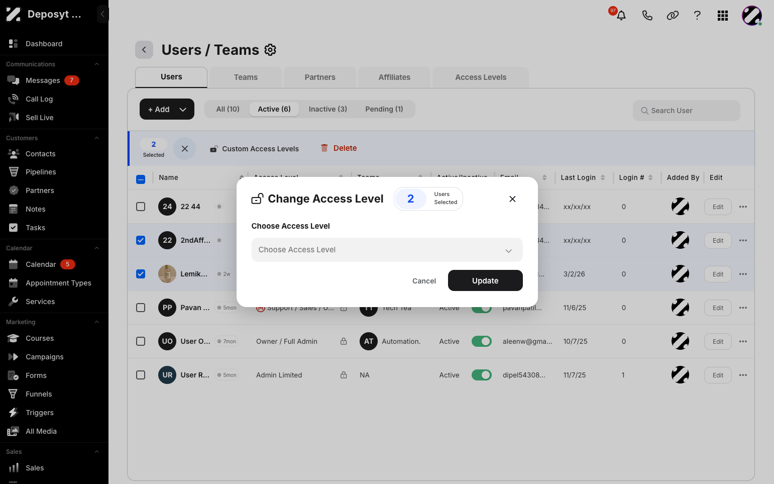 Step 9: A pop-up will appear where you can select a pre-made access level. Click the Update button to save the change.