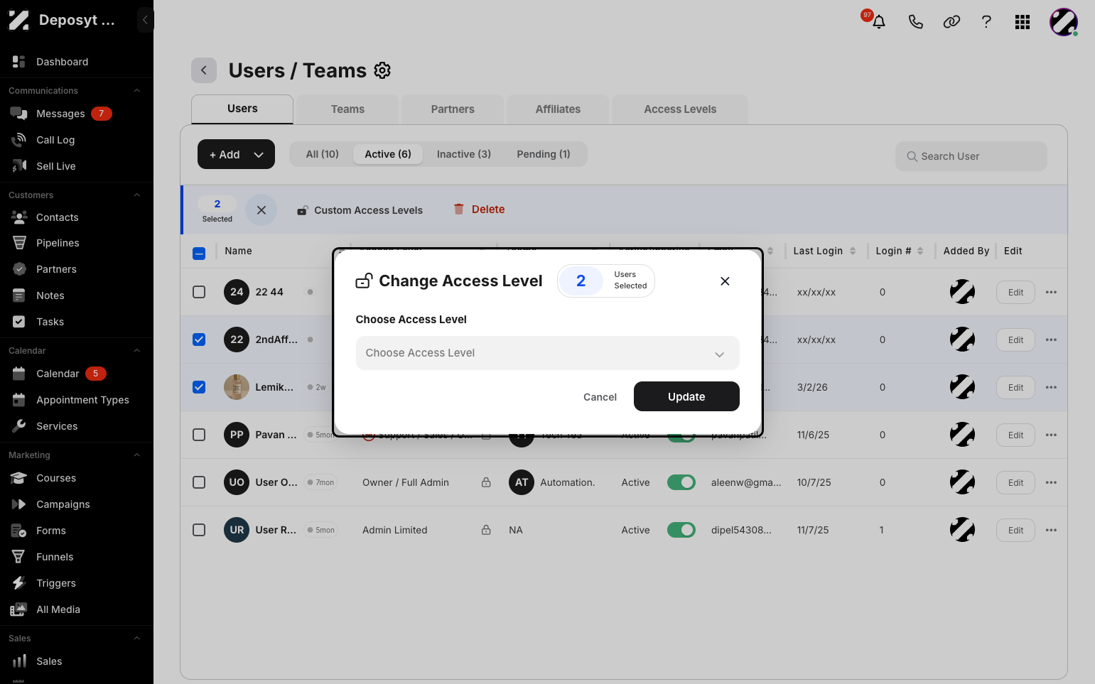 Step 9: A pop-up will appear where you can select a pre-made access level. Click the Update button to save the change.