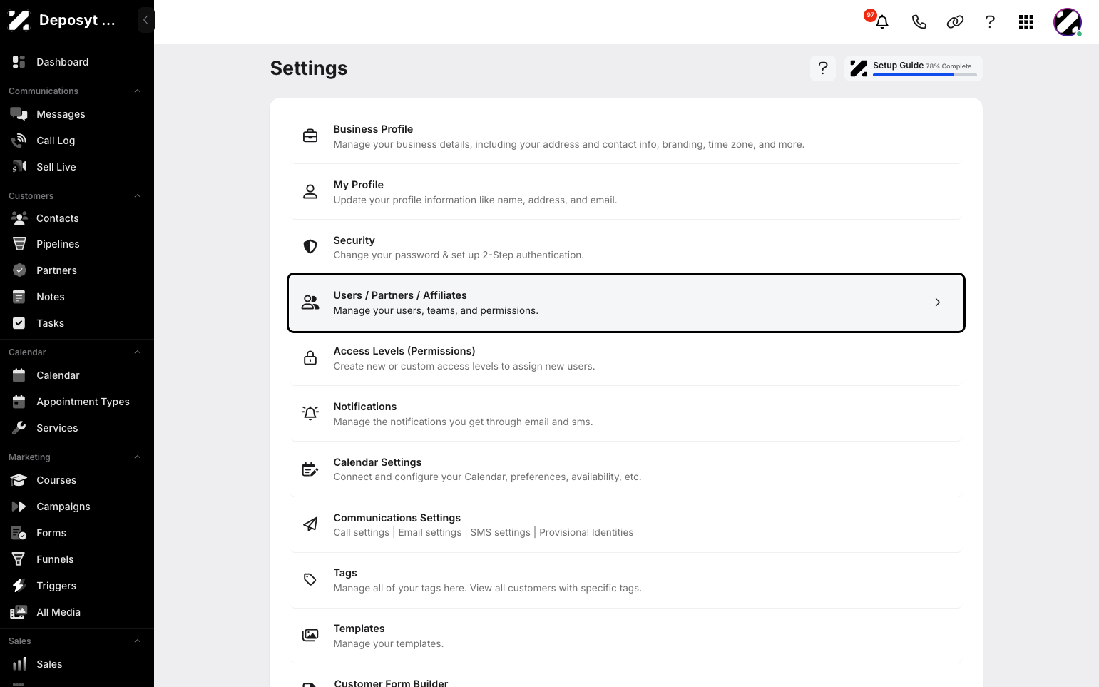 Step 3: You will then be navigated to the Settings page. Click on Users / Partners / Affiliates