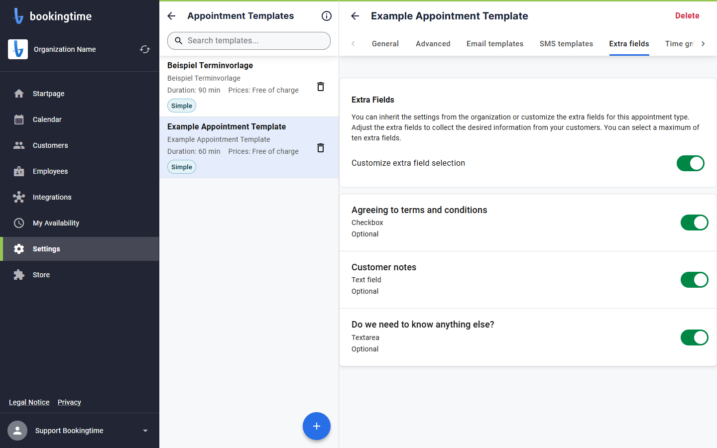 Choose the extra field that should be applied to the appointment template