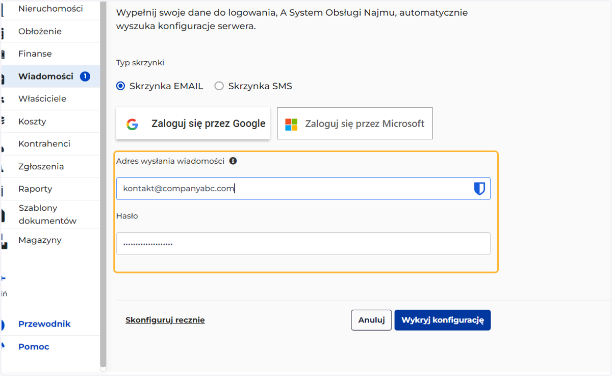 Lub wpisać dane dostępowe