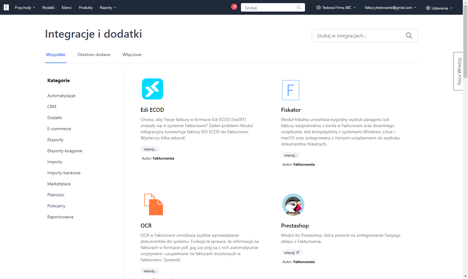To miejsce w systemie, gdzie masz dostęp do aplikacji stworzonych przez Fakturownie oraz zewnętrzne firmy. Dostępne są aplikacje pozwalające na m.in. import płatności z banku czy integrację z platformami e-commerce.