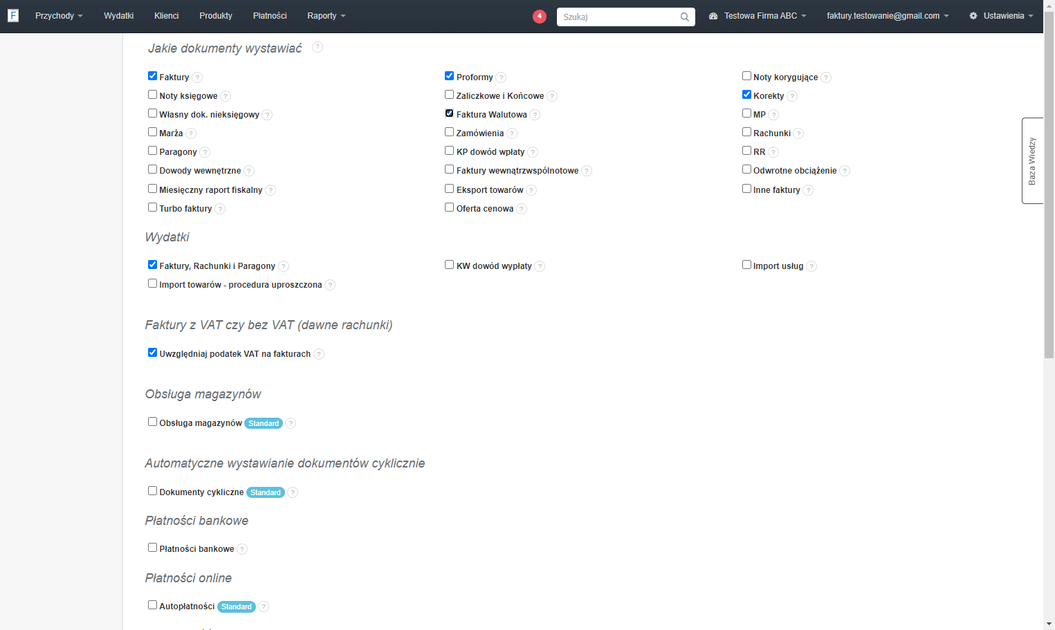 W naszym przykładzie aktywujemy faktury walutowe. Zaznaczamy więc checkbox przy opcji 'Faktura Walutowa'.