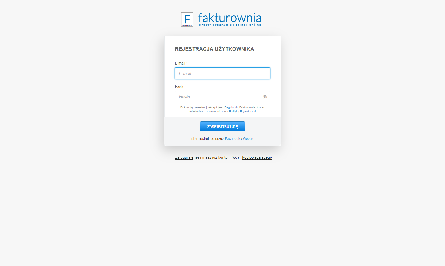 W formularzu rejestracji należy podać dwie dane: adres e-mail oraz hasło, którym potem będziesz logować się do konta. Wpisz adres e-mail, na który chcesz zarejestrować konto w pole 'E-mail'.
