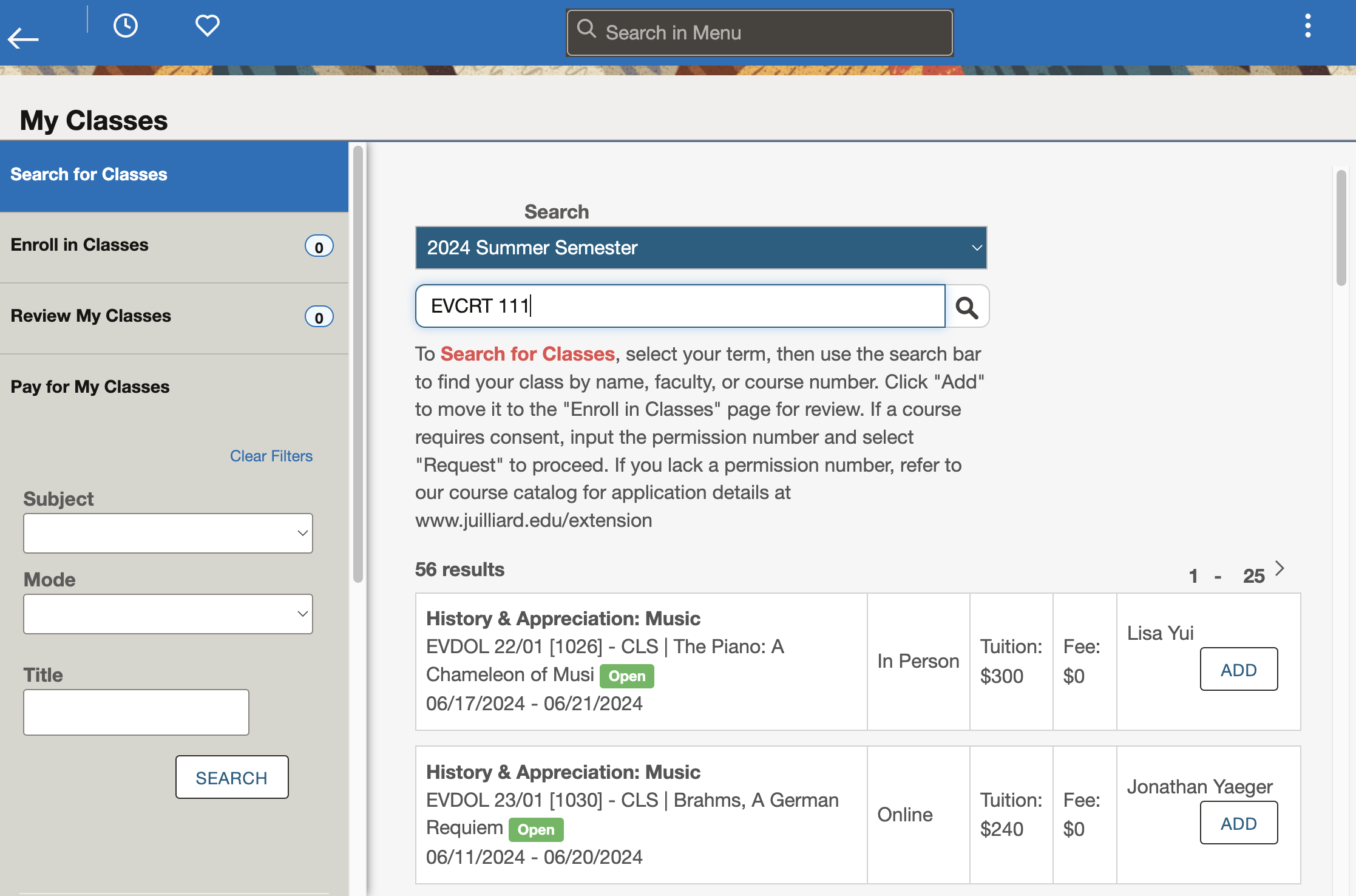 Locate your class by course number (ex: EVCRT 111)...