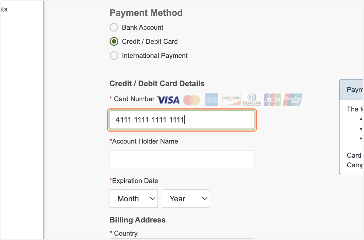 Input your credit / debit card number