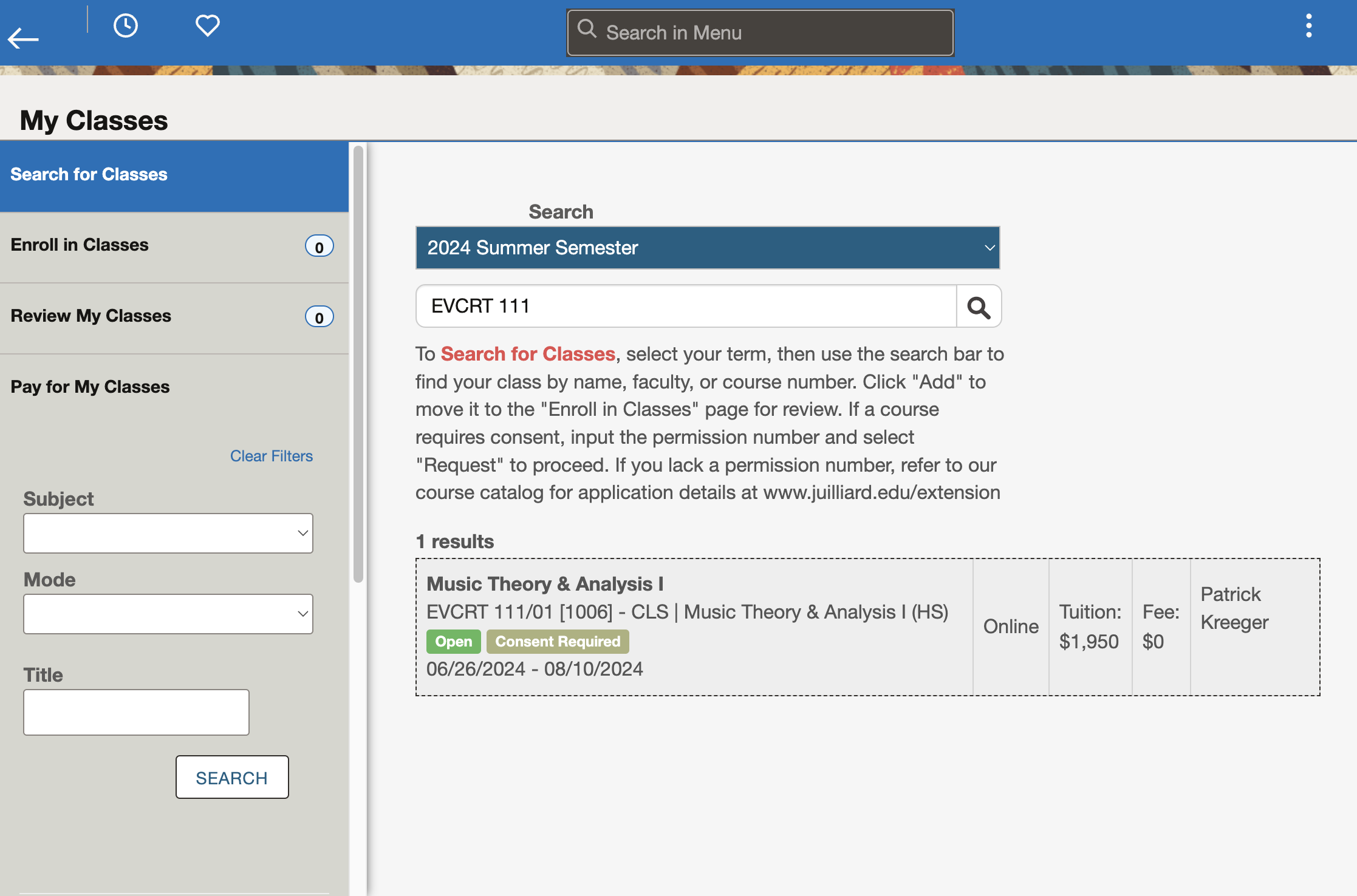 Click on desired class for enrollment.