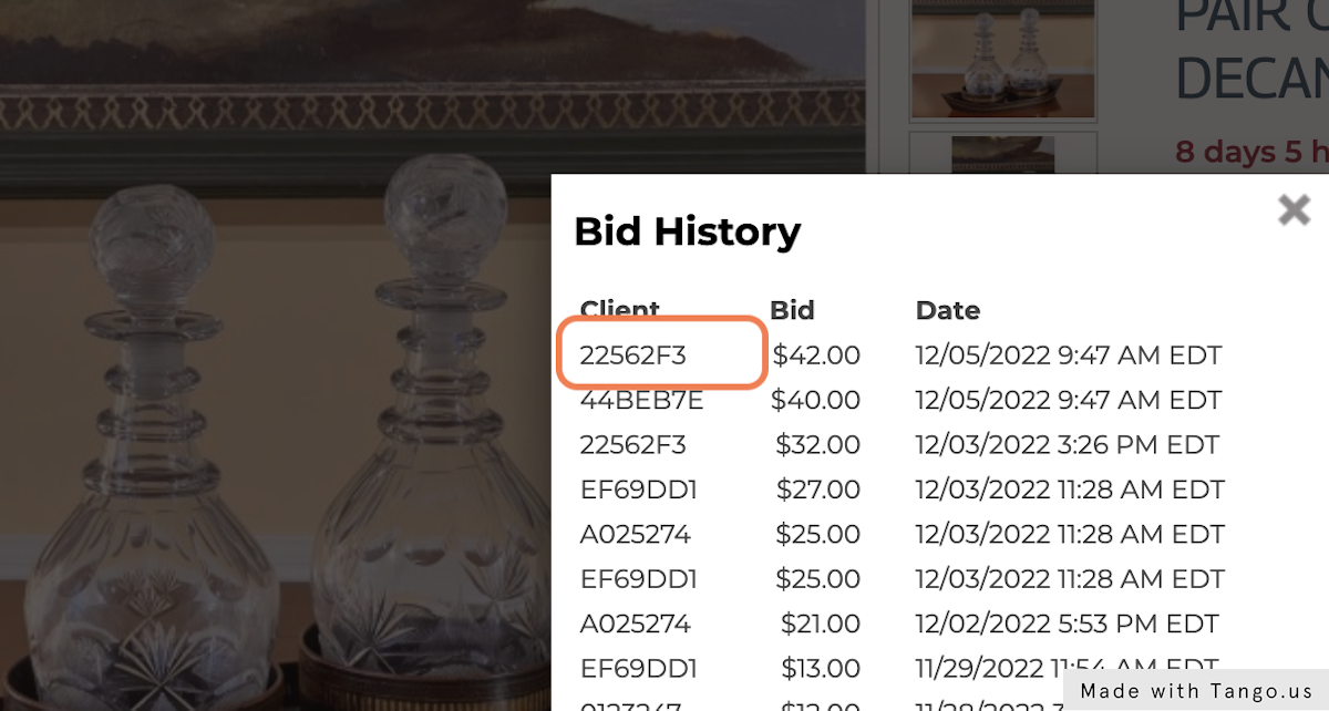View the Client ID in 'Bid History', next to each respective bid.