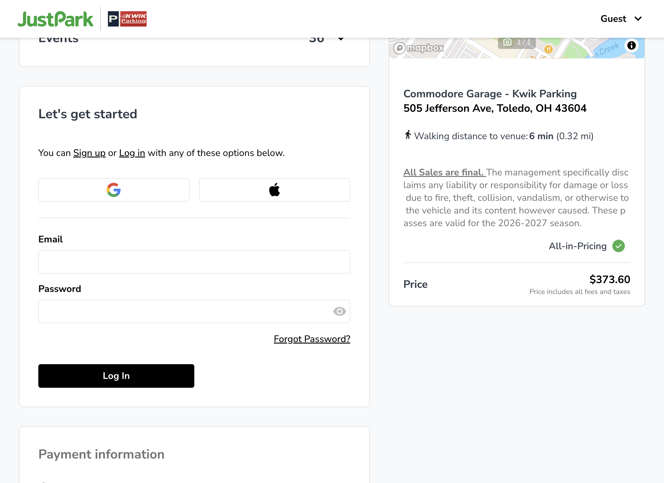 A. If you would like to proceed, scroll down. B. Click on Sign up. You MUST sign up with a JustPark account to proceed with purchase. Your account holds the barcode you will use all season.