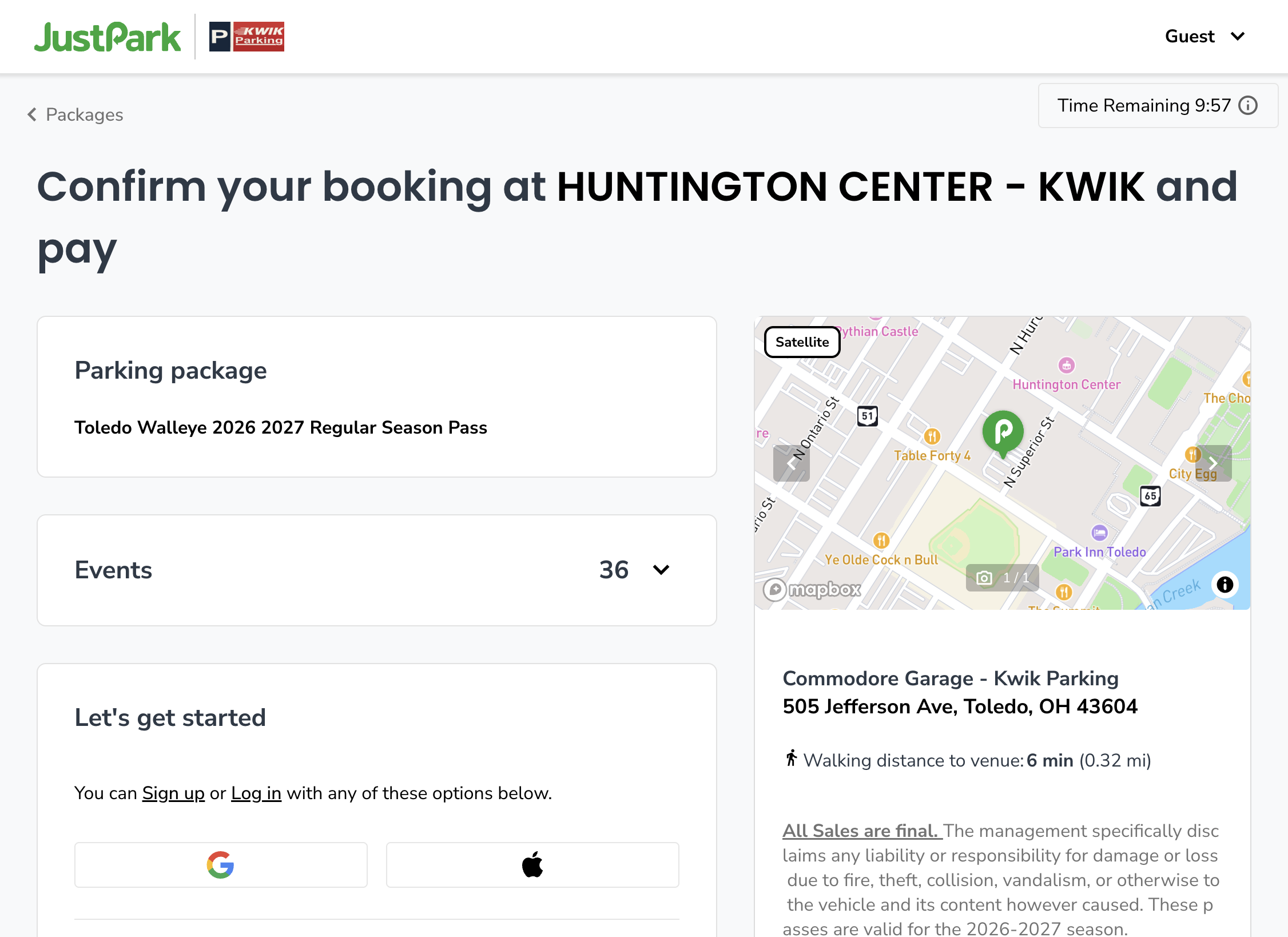 You will then be directed to the CONFIRMATION PAGE. Please confirm that you are purchasing the correct garage, and that you are seeing the expected number of games for the season.