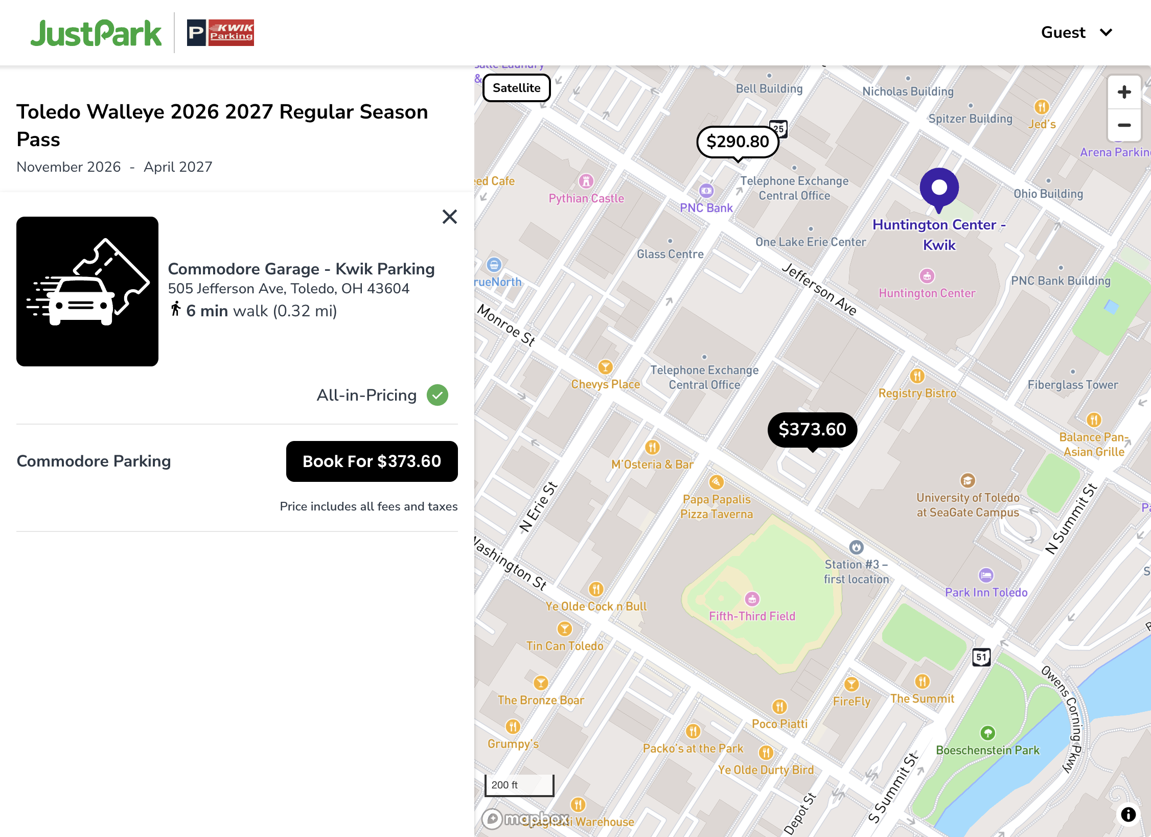 This will then show you details about the lot, such as the address, walking distance, and price including all taxes and fees.