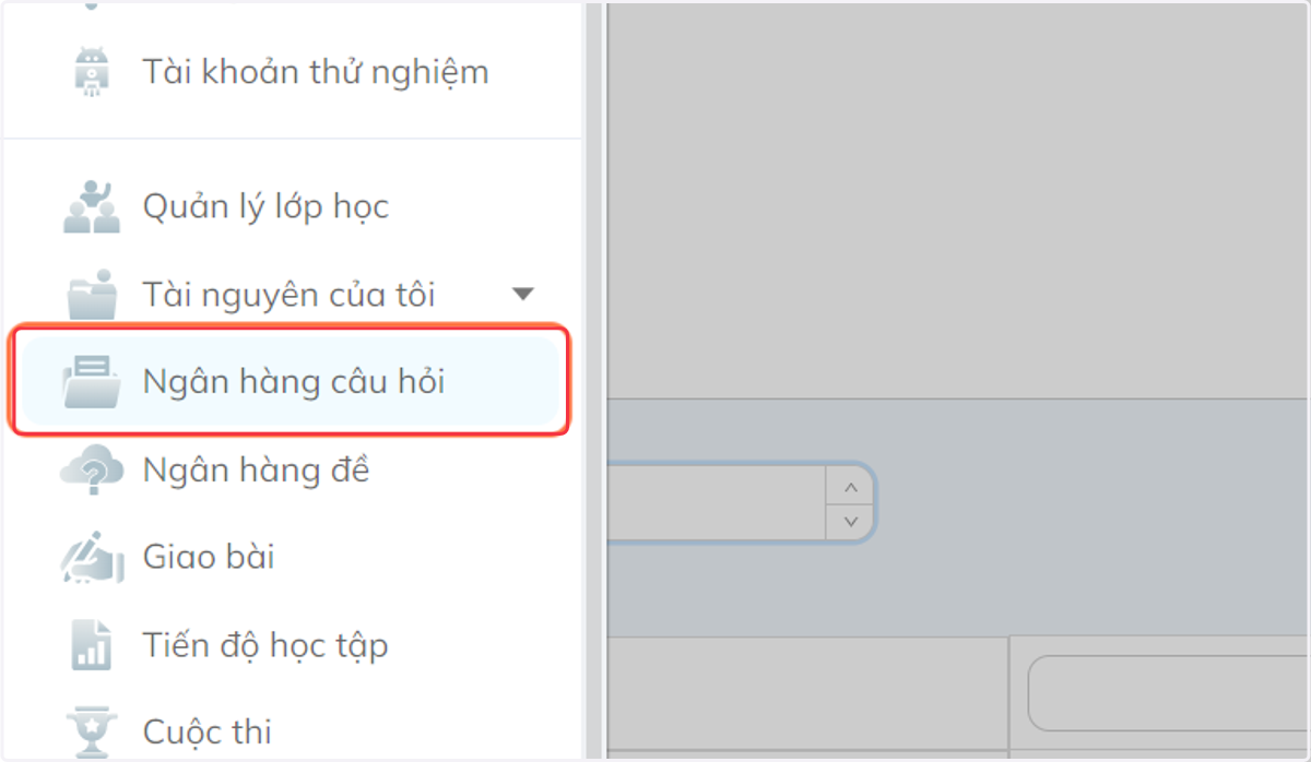 Nhấn chọn "Ngân hàng câu hỏi"