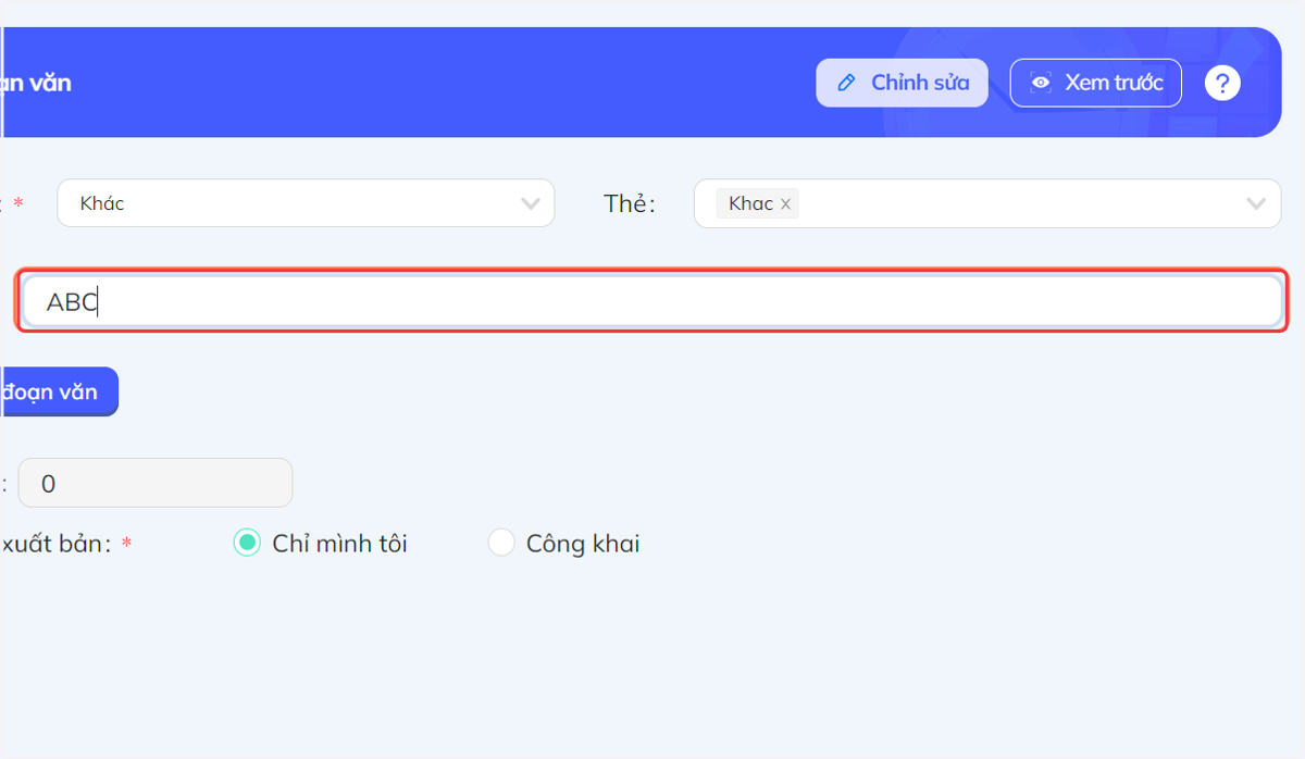 Nhập tiêu đề của đoạn văn vào khung "Tiêu đề"