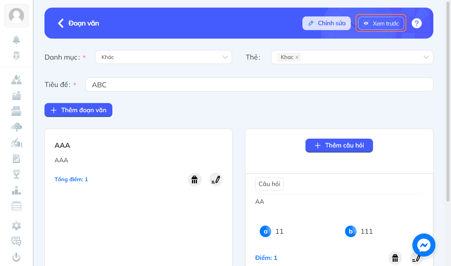 Nhấn chọn "Xem trước" để xem mẫu câu hỏi