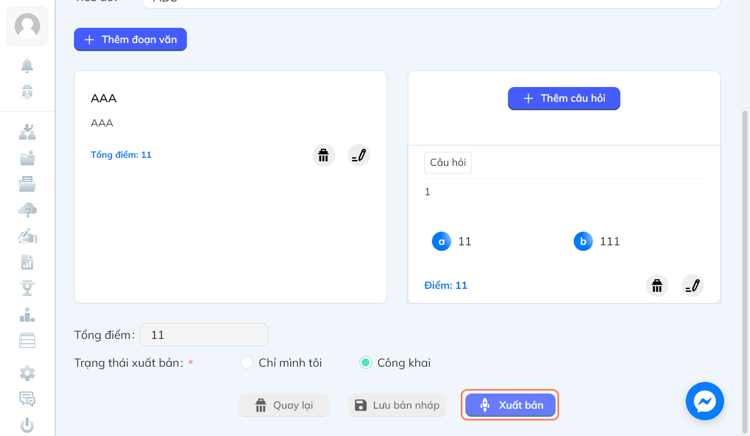 Nhấn chọn "Chỉnh sửa" để quay về màn hình chỉnh sửa câu hỏi